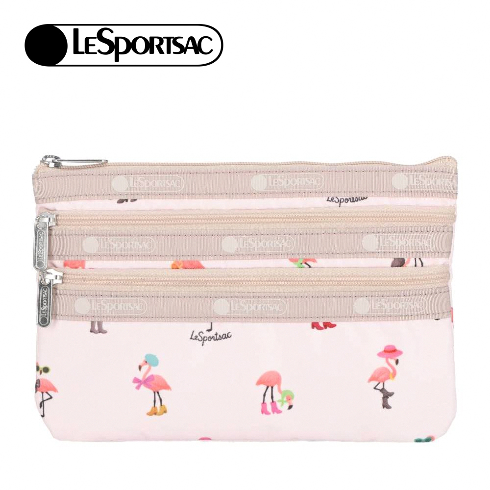 Lesportsac 3-Zip Cosmetic 三層拉鍊化妝包 收納包 盥洗包 女包 男包(紅鶴海島派對), , large