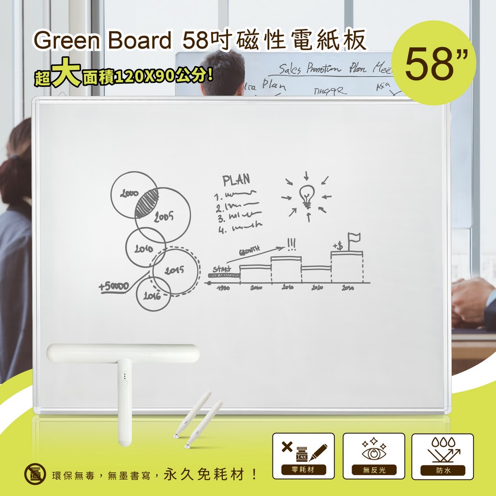 【Green Board】58吋磁性電紙板 極淨無塵白板 商務會議電紙板 局部清除電子白板 教學授課白板 附T型電動大板擦, , large