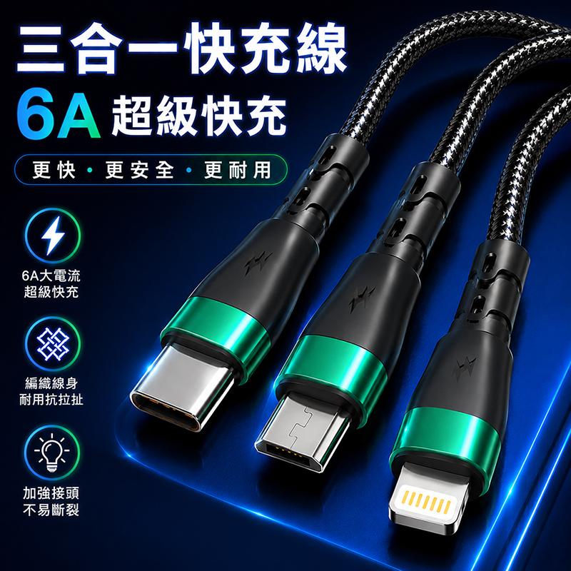 [翊承國際]【免運 + 贈品】6A超級快充66W發光三合一編織快充線, , large