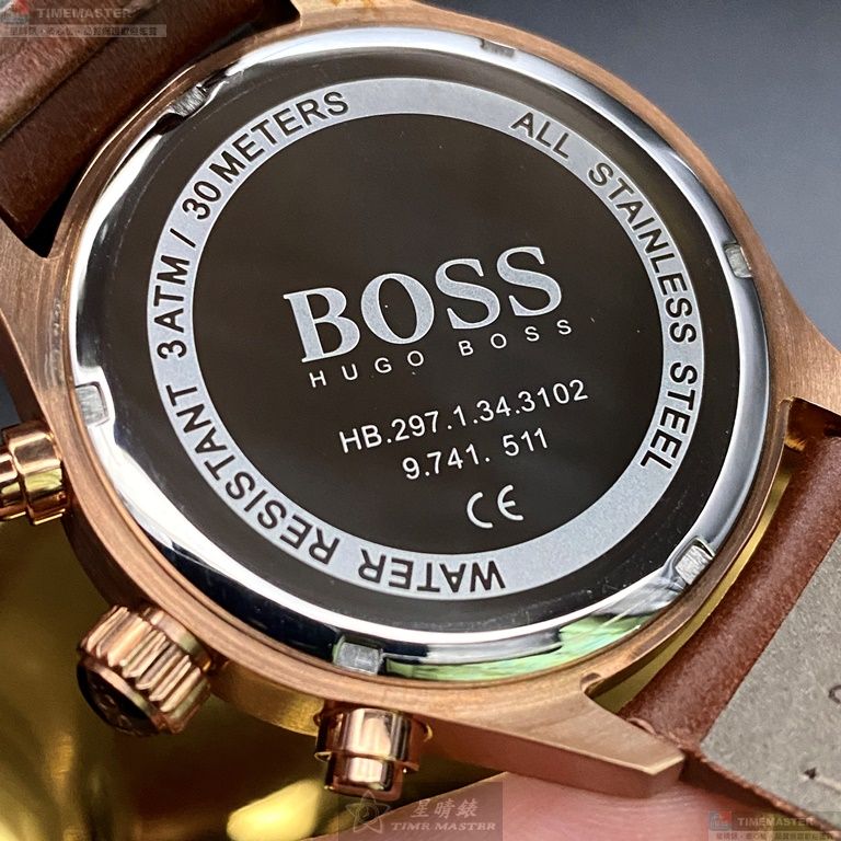 [星晴錶業]BOSS手錶,44mm,HB1513604寶藍色錶面玫瑰金錶殼咖啡色真皮皮革錶帶款, , large