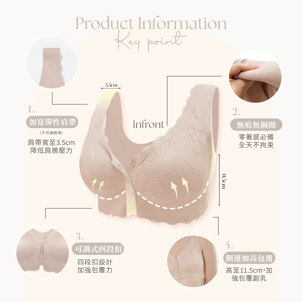 【伊柔 EVEROY】鈕扣型前扣美V集中 M-EQ/3XL大尺碼無鋼圈內衣 哺乳內衣 裸膚粉 W015-31, , large