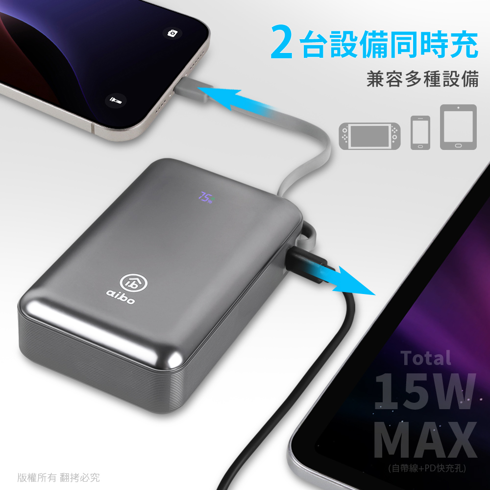 aibo 20000mAh 65W自帶線大容量雙向快充行動電源(筆電充電), , large
