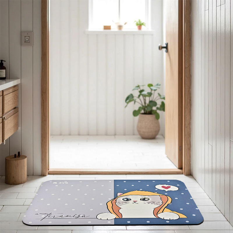 【怪獸】瑪思特 10秒頂吸 軟式珪藻土吸水地墊 貓咪系列 (60x40cm) -雨衣小貓, , large