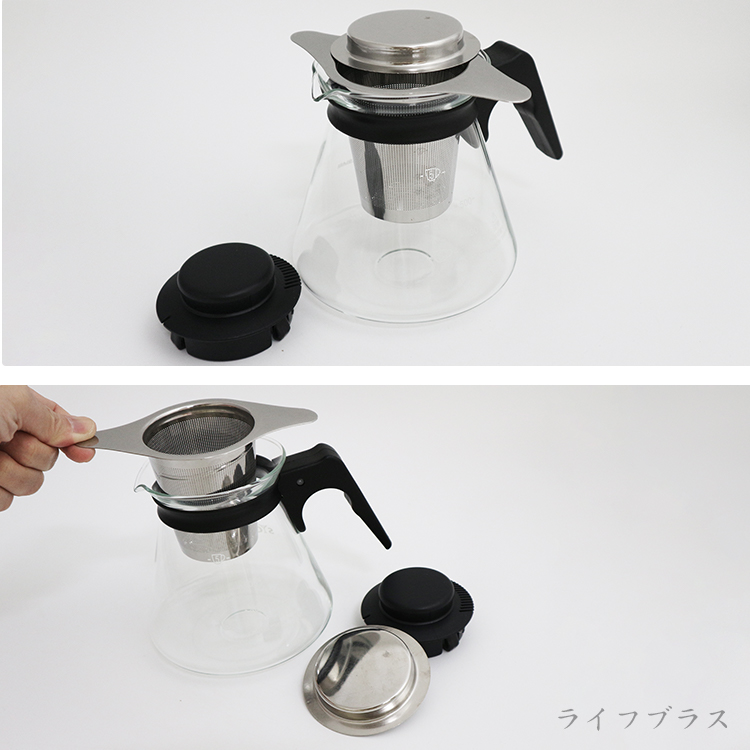 台灣製玻璃咖啡壺-605cc-塑膠手把x1+304不鏽鋼雙耳茶濾網x1-1組, , large