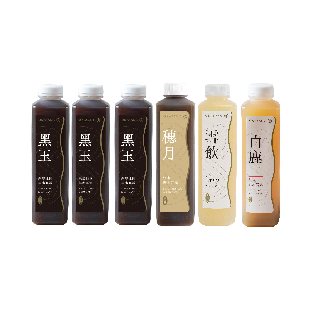 OKASANG  No added sugar Black and white fungus drink set ｜1000*6(Black fungus & Longan*3、Black fungus & Red date*1、Black fungus & Red date*1、White fungus & Red date*1), , large