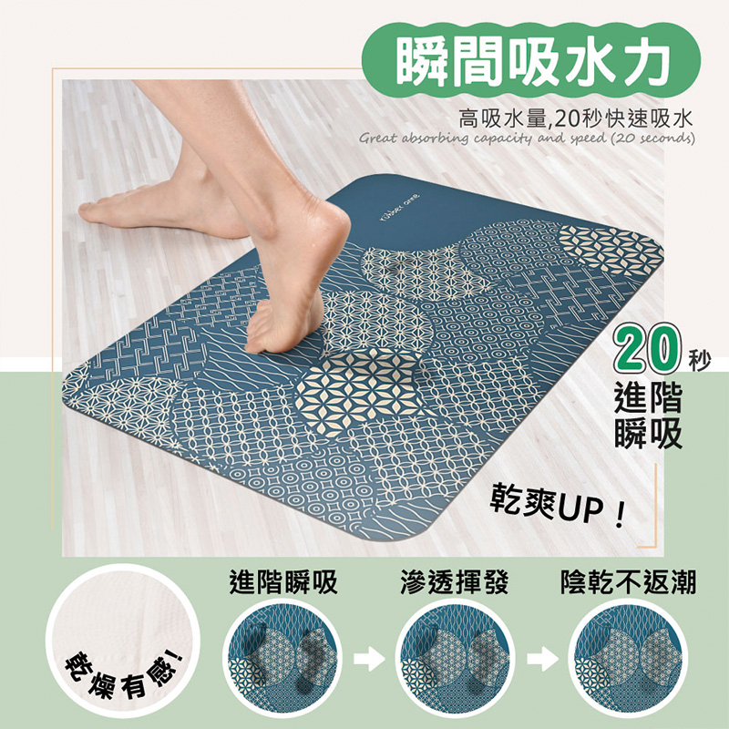 【Monster】 Soft Diatomaceous Earth Absorbent Mat &ndash; Window Blossom Series (60x40cm) &ndash; Turquoise Gray, , large