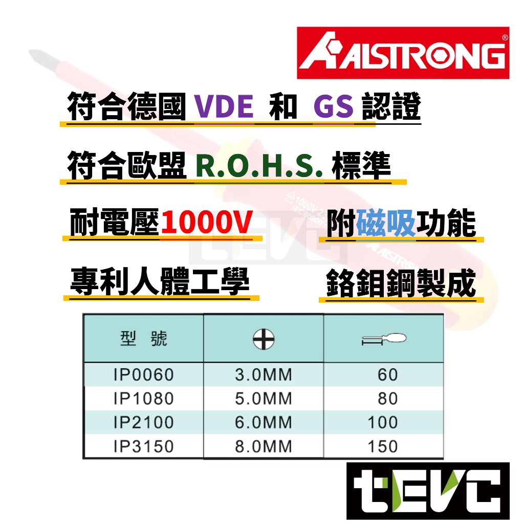 《tevc》台灣發票 ALSTRONG 十字 起子PH0 PH1 PH2 PH3 電工 絕緣 螺絲 絕緣起子 磁吸 磁性, , large