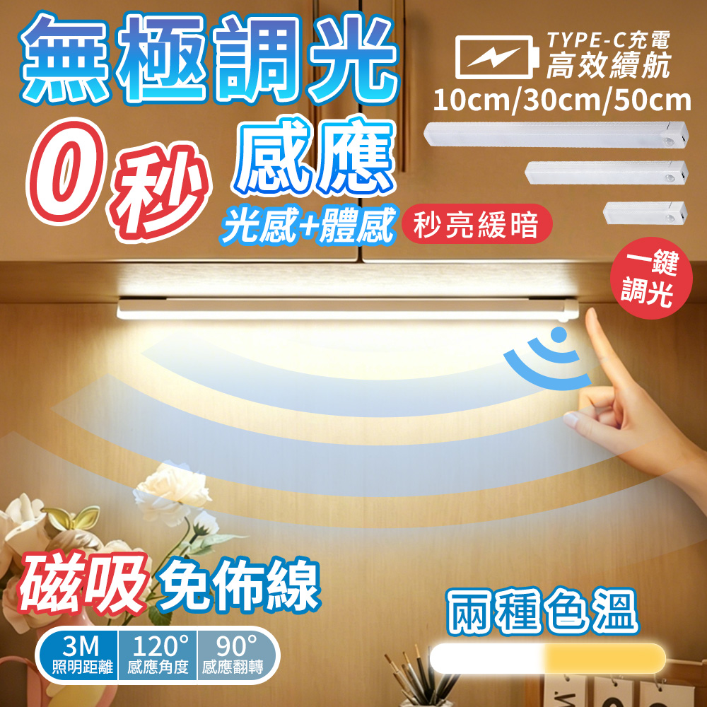 【高品生活】LED磁吸無極調光感應燈｜人體感應夜燈｜USB充電衣櫃燈｜免釘壁掛櫥櫃燈｜走廊樓梯小夜燈, , large
