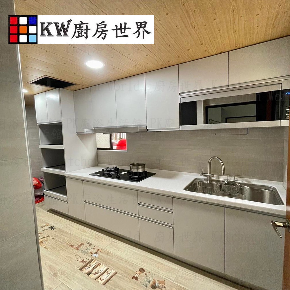 【KW廚房世界】系統廚具 廚房設計 客製化 廚櫃 工廠直營 一字型流理台 人造石檯面 白鐵桶身美耐門板 櫻花排油煙機, , large