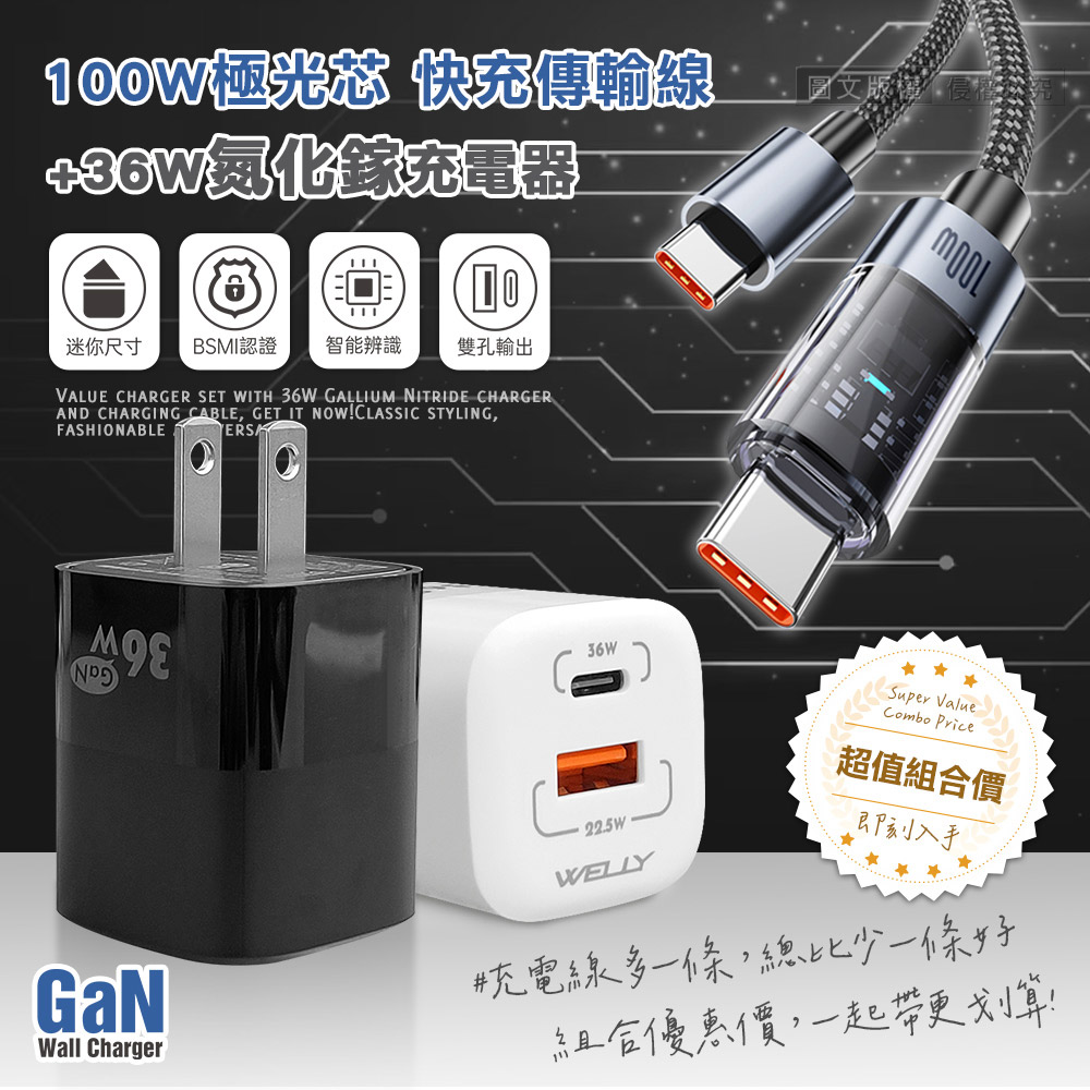 100W 極光芯 Type-C to Type-C 耐拉傳輸充電線+36W氮化鎵GaN 迷你雙孔充電器, , large