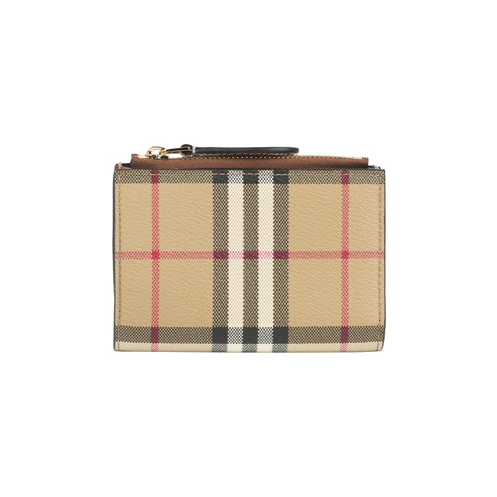 BURBERRY 格紋及小牛皮釦式二折短夾(經典米色/石楠木棕), , large