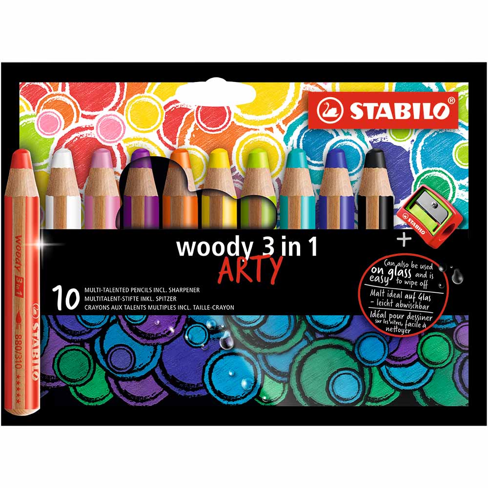 STABILO 德國 思筆樂 woody 3 in 1 ARTY 伍迪樂三合一可水洗水彩粉蠟筆 附削筆器 10支組/盒 ST880/10-1-20, , large