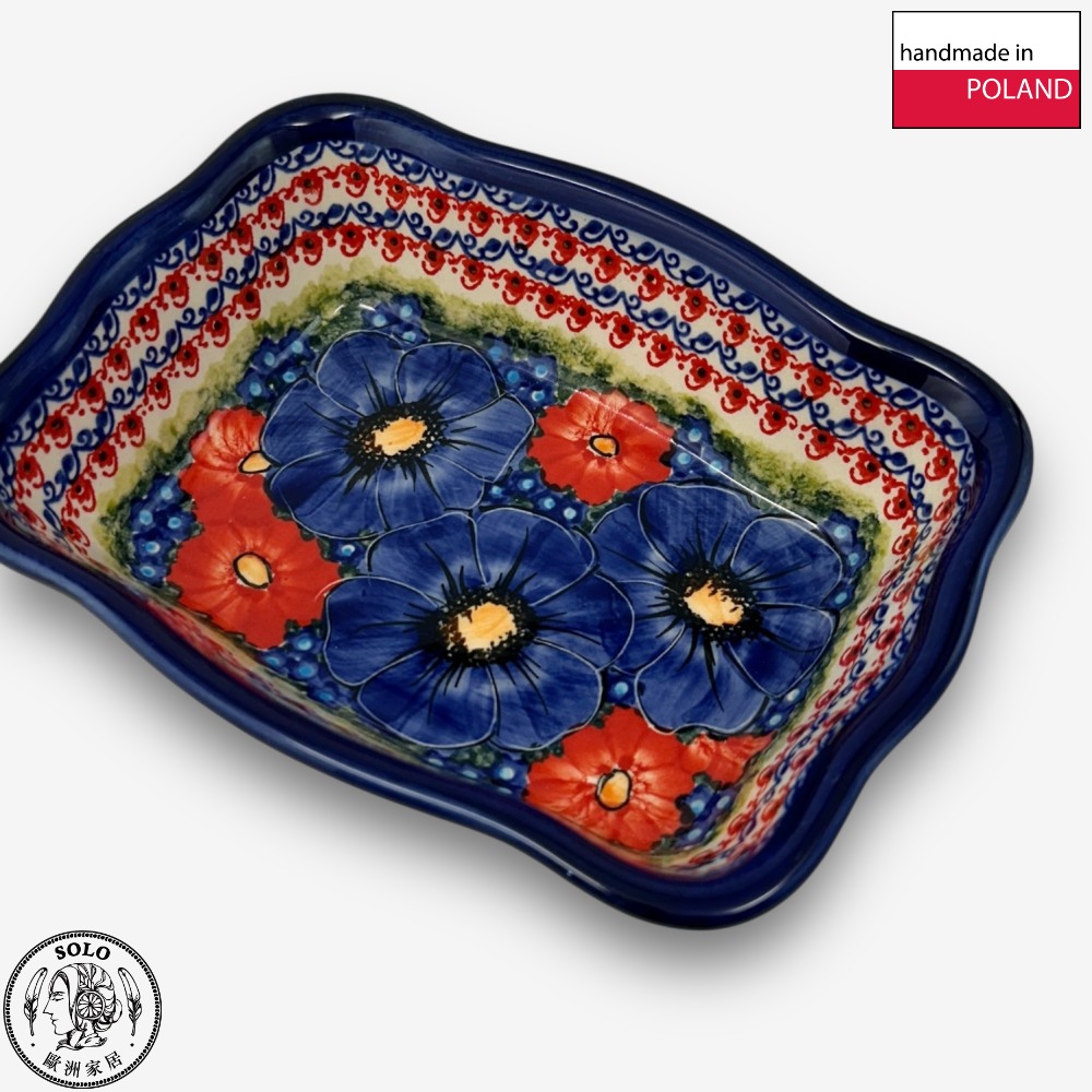【SOLO Vintage】Cerraf Polish Pottery 18.5cm Baking Pan Dish Red and Blue Blossoming Elegance Series Made in Poland, , large