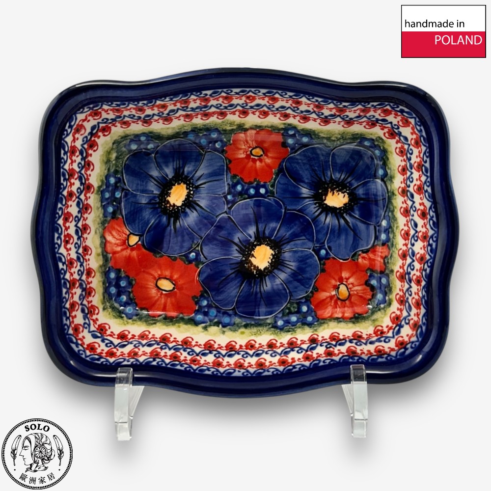 【SOLO Vintage】Cerraf Polish Pottery 18.5cm Baking Pan Dish Red and Blue Blossoming Elegance Series Made in Poland, , large