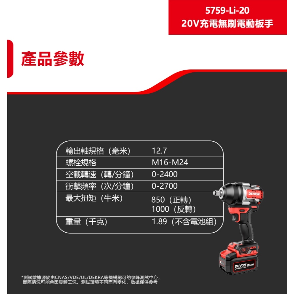 WIN五金 DEVON 大有 5759-Li-20 20V 無刷中扭力衝擊扳手 1000牛頓米 短軸159mm, , large