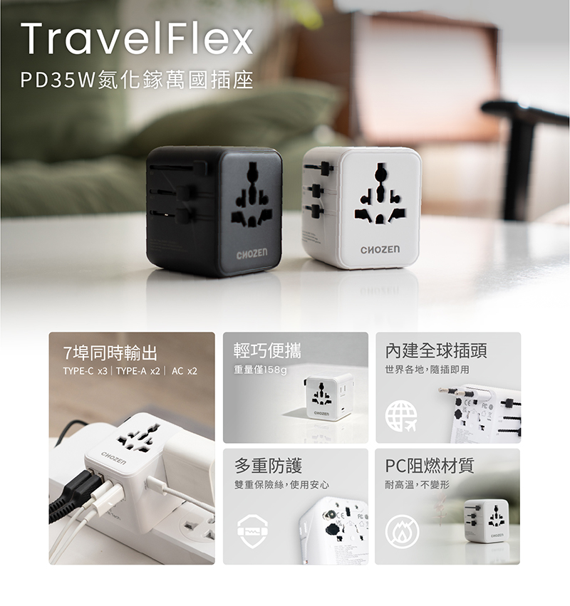 【CHOZEN】35W 氮化鎵 GaN PD 快充萬國插座｜旅行充電器 全球通用轉接頭(宇宙黑)TA35B, , large