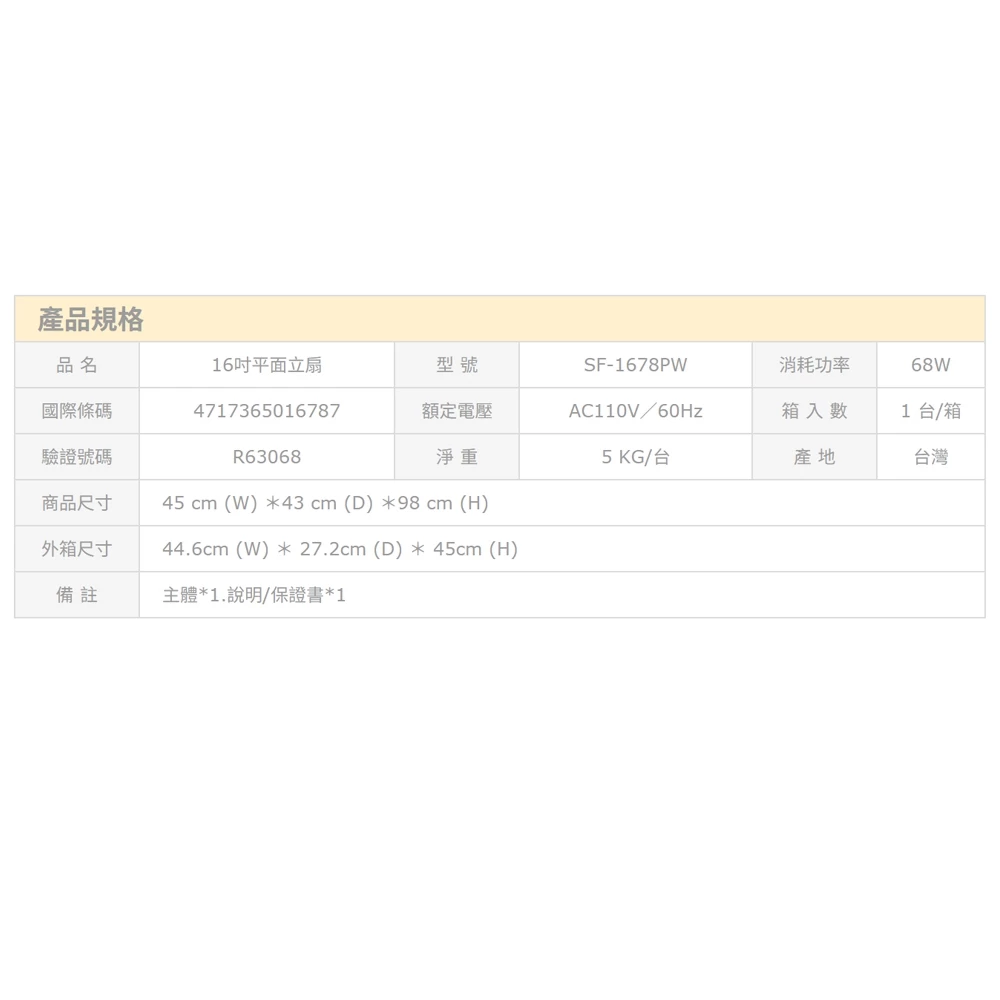 尚朋堂 16吋平面立扇電扇 SF-1678PW, , large