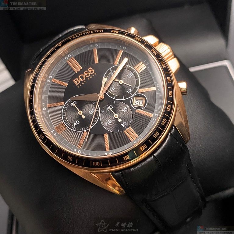 [星晴錶業]BOSS手錶,44mm,HB1513092黑色錶面玫瑰金錶殼深黑色真皮皮革錶帶款, , large