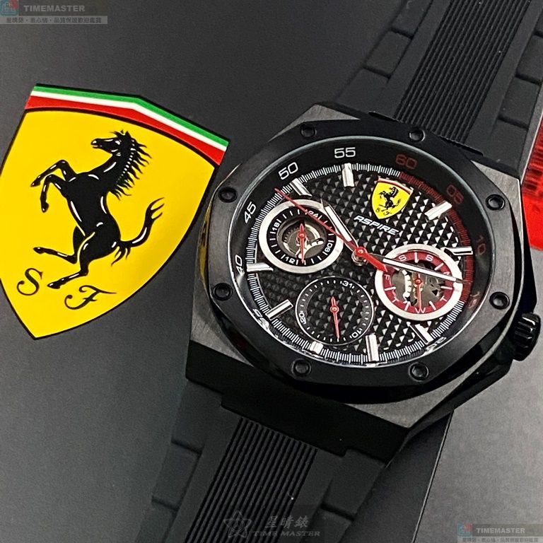 [星晴錶業]FERRARI手錶,42mm,FE00048黑色錶面黑錶殼深黑色矽膠錶帶款, , large