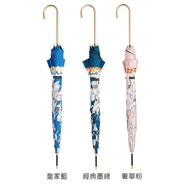 【周周生活】繁花絲巾 奢華粉 金柄彎頭直傘 輕量晴雨兩用 防潑水抗UV 長柄雨傘（現貨）, , large