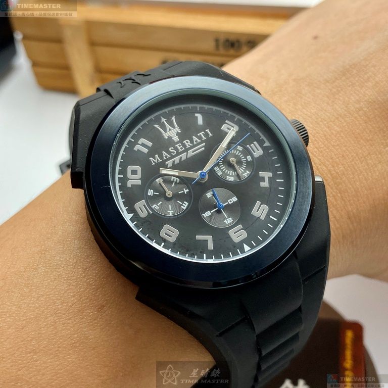 [星晴錶業]MASERATI手錶,44mm,R8851115007黑色錶面寶藍錶殼深黑色矽膠錶帶款, , large