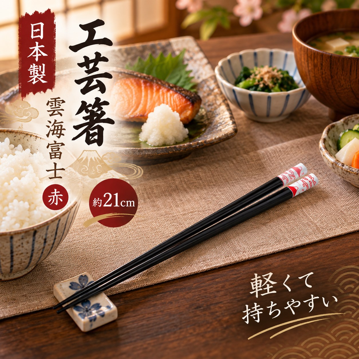 【HIYASU日安工坊】日本工藝箸-雲海富士 紅 21cm, , large