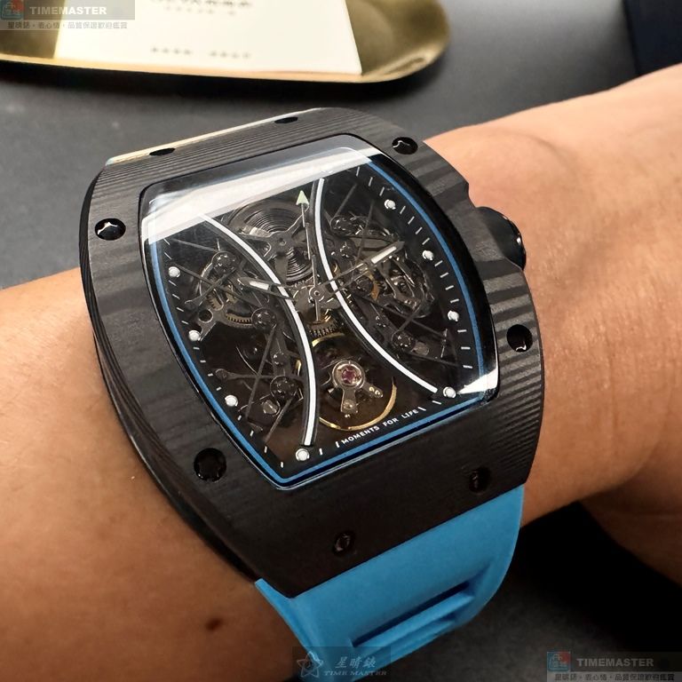 [星晴錶業]GEYA手錶,46mm, 52mm,G78208GWKB雙面機械鏤空錶面黑錶殼寶藍矽膠錶帶款, , large
