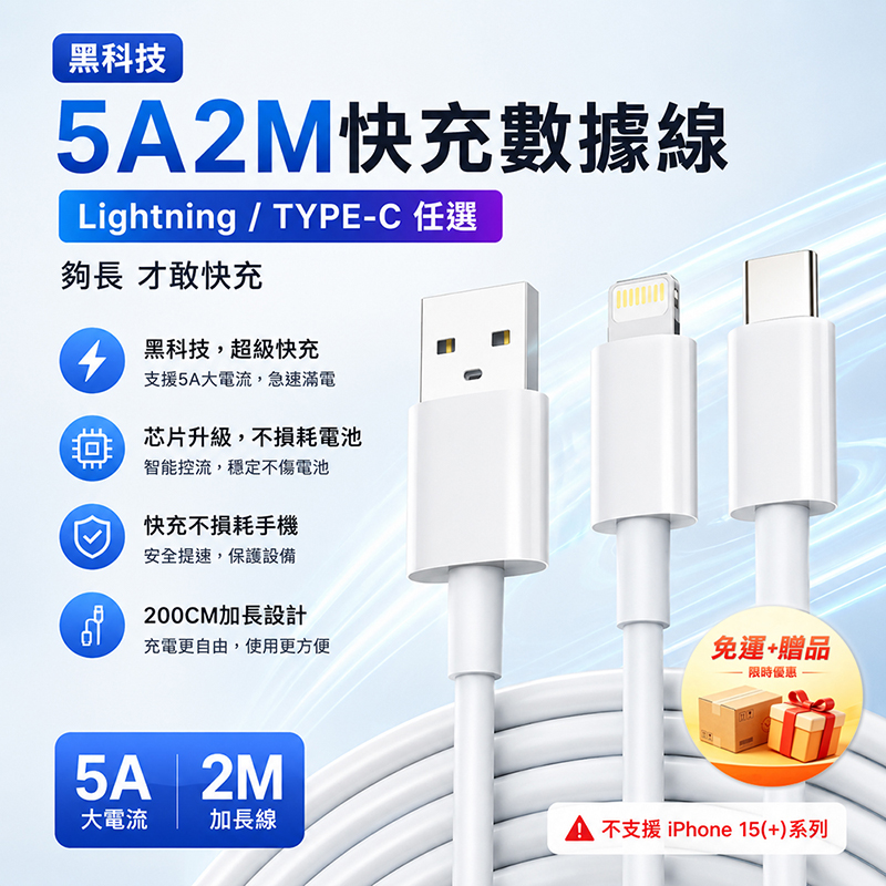 [翊承國際]【免運 + 贈品】5A 2米快充數據線, , large