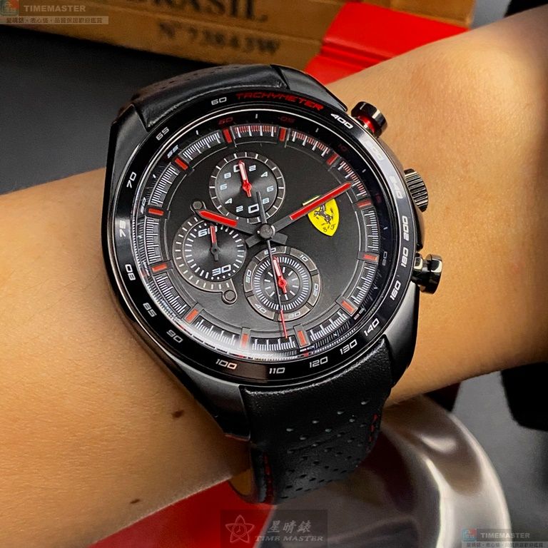 [星晴錶業]FERRARI手錶,46mm,FE00045黑色錶面黑錶殼深黑色真皮皮革錶帶款, , large