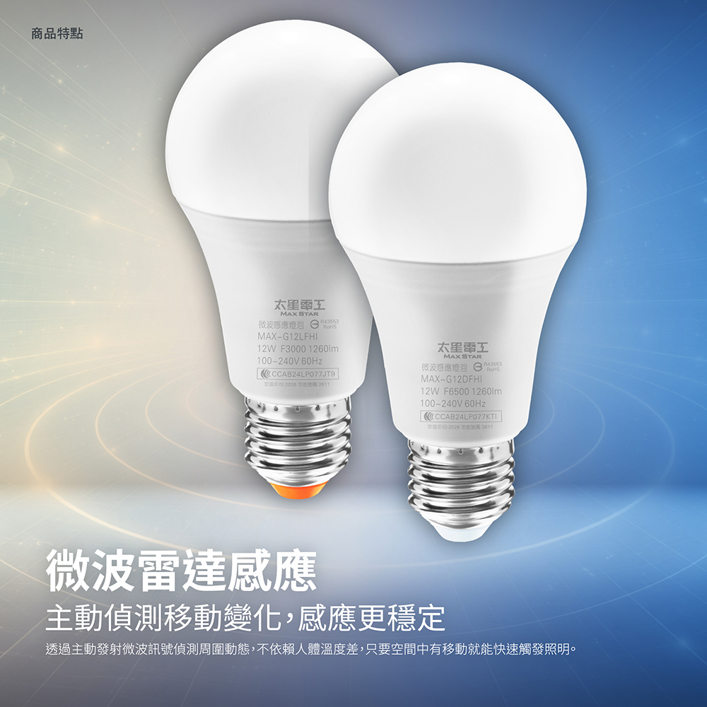 【太星電工】3入組-LED微波感應燈泡12W E27 人體感應 自動亮燈 省電燈泡 (白光/暖白光), , large