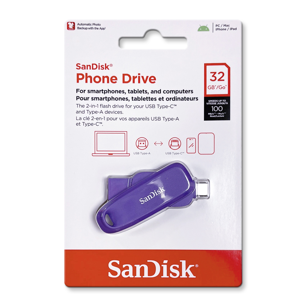 【SanDisk】Phone Drive DDC6 紫色 32G TYPE-C USB 3.2 雙用 OTG 旋轉隨身碟 讀取速度 100MB/s, , large