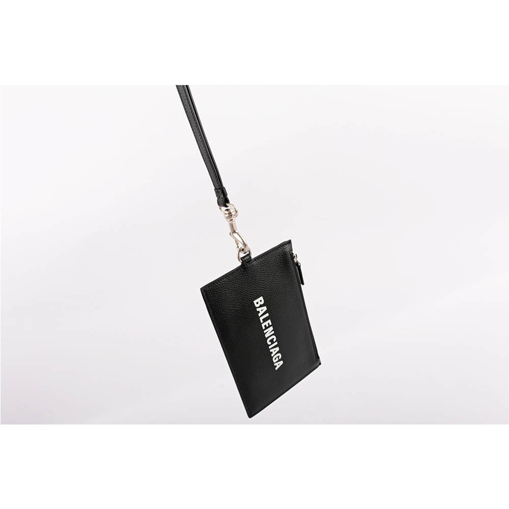 BALENCIAGA 經典Logo牛皮卡片夾(附可拆式掛繩)(黑色), , large