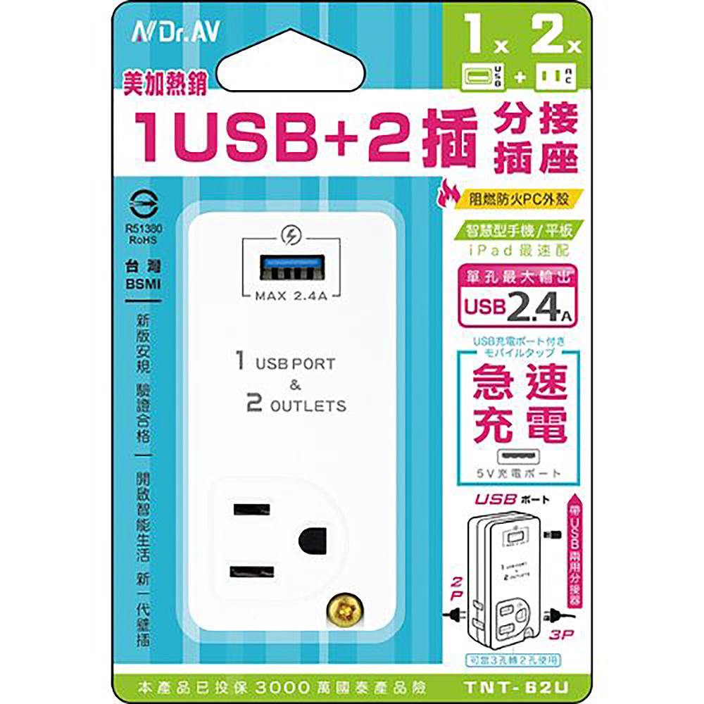 [寶旺旺]聖岡科技1USB+2插分接插座TNT-62U, , large
