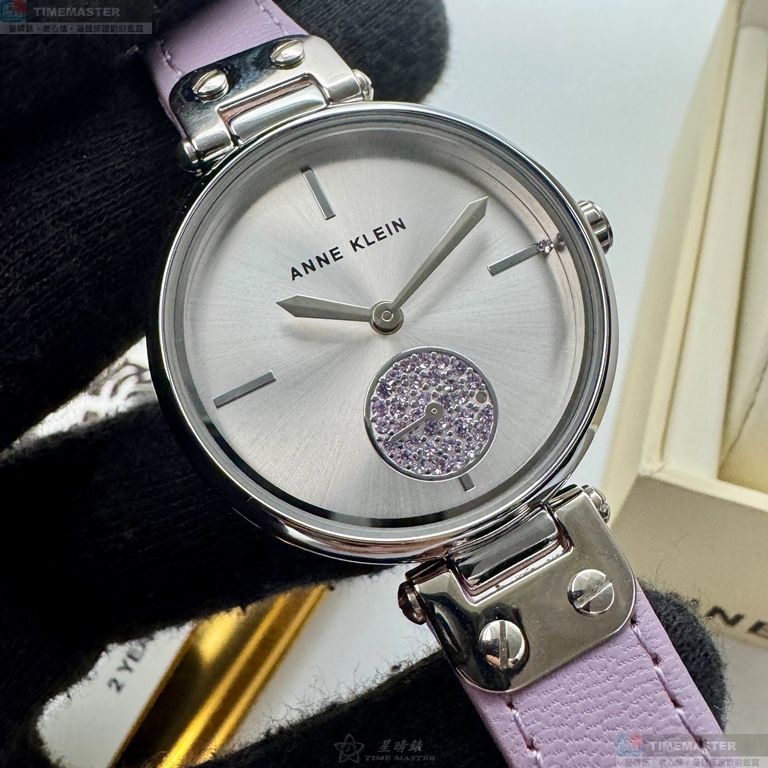 [星晴錶業]ANNE KLEIN手錶,34mm,AN00408銀白色錶面銀錶殼紫色真皮皮革錶帶款, , large