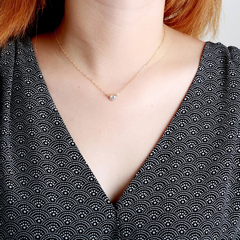 【Angel & Me】14KGF Gold-filled CZ Single Swiss Diamond Necklace birthday gift, , large
