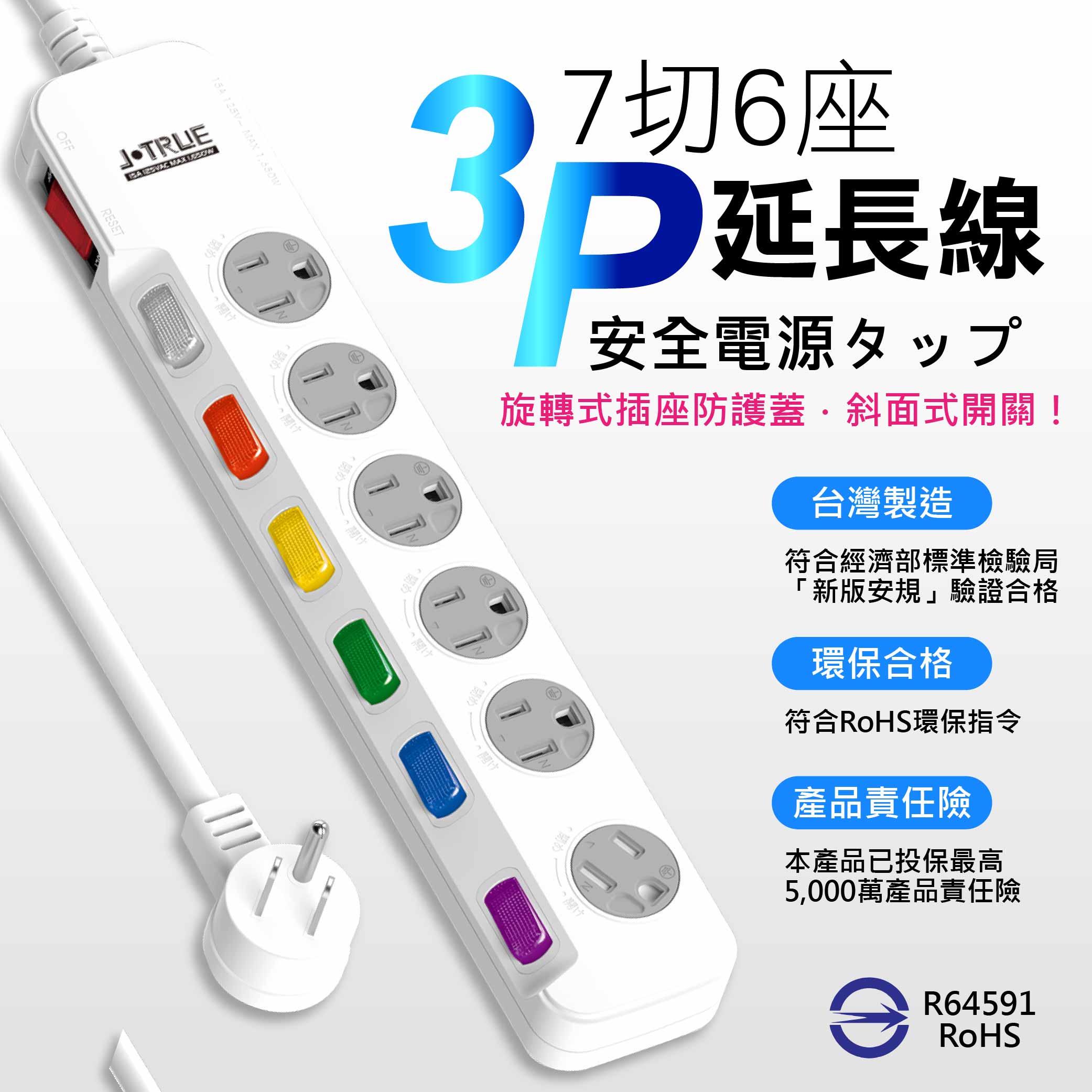 鉅玉經典｜七開六插防塵延長線 3孔延長線 台灣製造 新安規 過載斷電 15尺 JY-376KS-15, , large