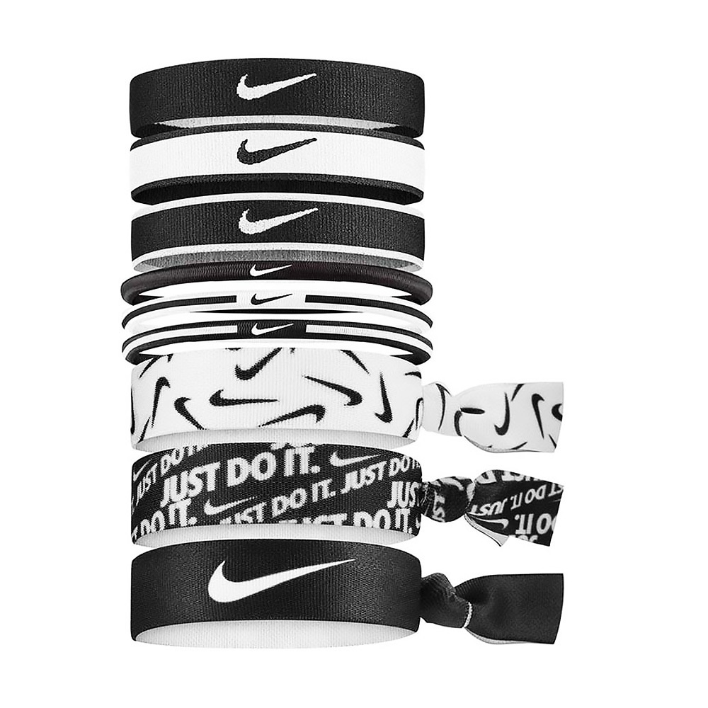 NIKE 混搭式髮帶 9入 運動髮帶 髮圈 健身 訓練 跑步 戶外 時尚 多樣式 彈性 舒適 矽膠條 防滑 止滑 黑白, , large