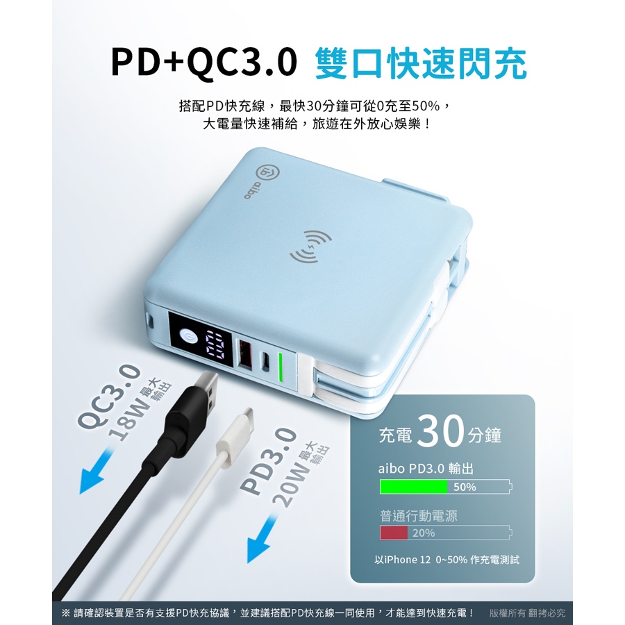 aibo 超強多功能 無線磁吸+PD+QC 快充行動電源【現貨】快充行動電源 自帶線 免插頭 多功能 無線 磁吸, , large