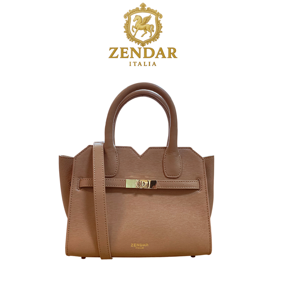 【ZENDAR】限量1折 頂級小牛皮十字紋手提包肩背包 娜塔莉系列 全新專櫃展示品(琥珀色 22號), , large