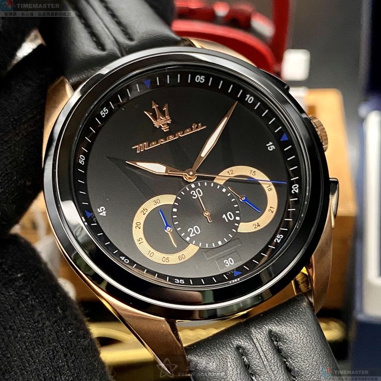 [星晴錶業]MASERATI手錶,46mm,R88716120252黑色錶面黑錶殼深黑色真皮皮革錶帶款, , large