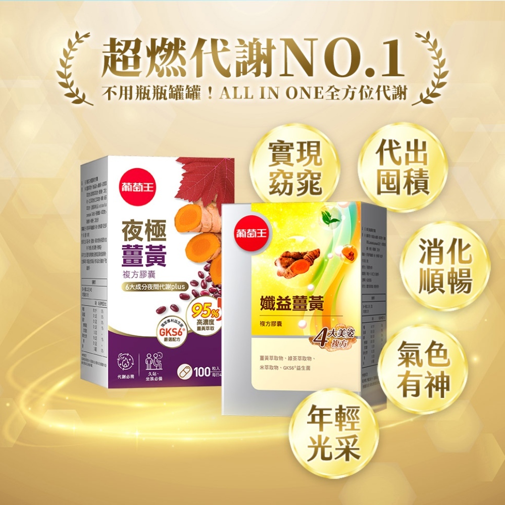 【葡萄王】夜極薑黃複方膠囊100粒X2瓶 共200粒 (95%薑黃 益生菌 綠茶兒茶素 米萃取物), , large