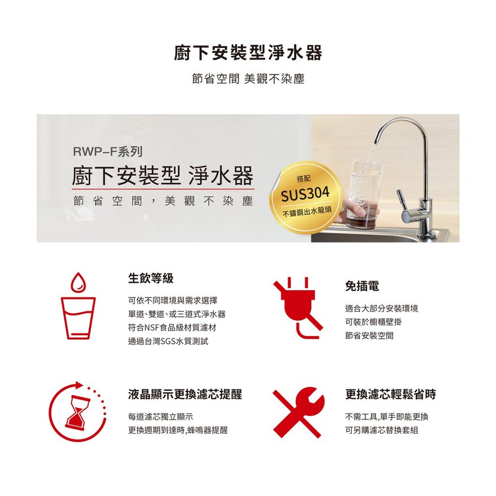 【KW廚房世界】林內牌 RWP-F100 廚下型單道式淨水器 (含龍頭) 限定區域送基本安裝, , large