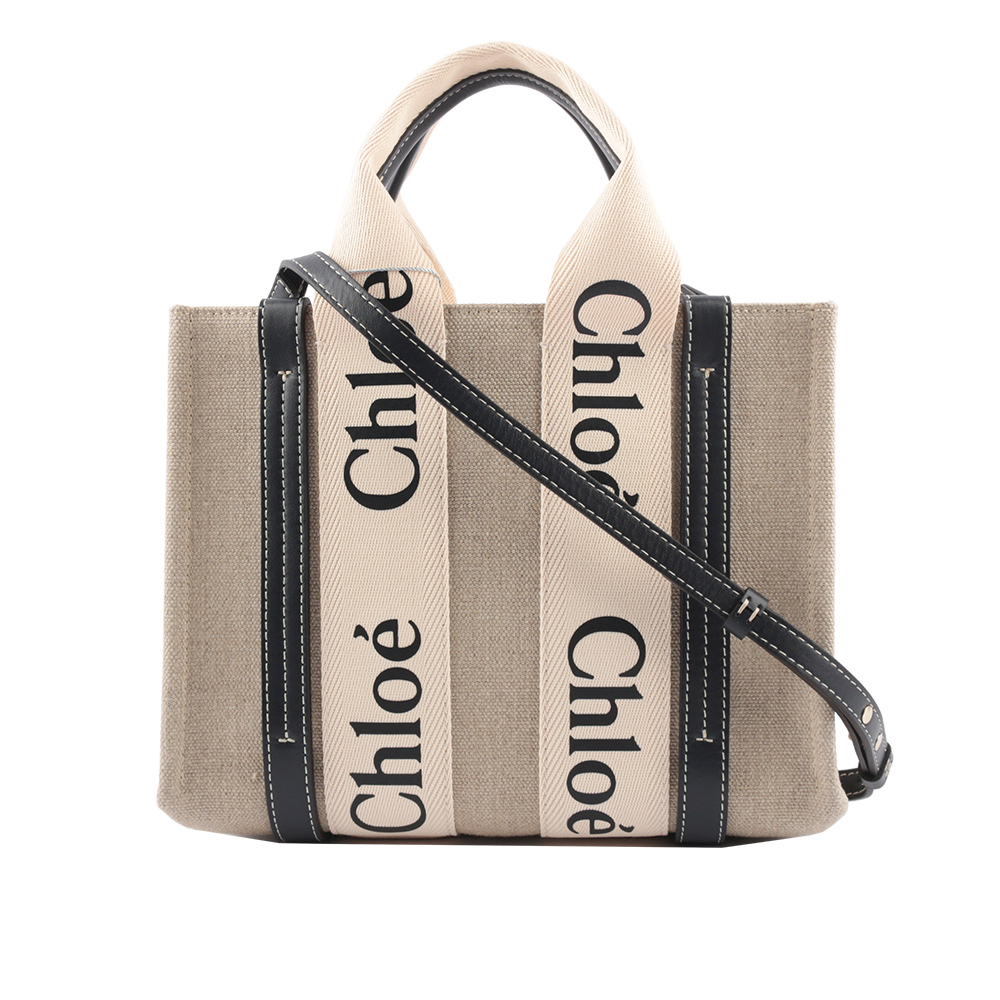 CHLOE' Woody 帆布拼牛皮手提/斜背二用托特包/小/藍色, , large
