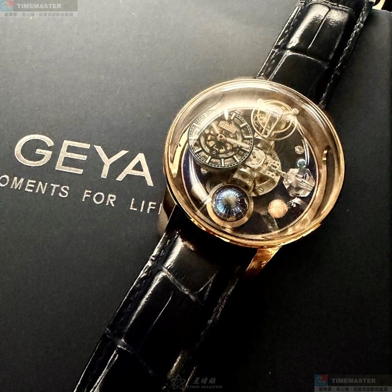 [星晴錶業]GEYA手錶,46mm,G78182GHB機械鏤空錶面玫瑰金錶殼寶藍真皮皮革錶帶款, , large