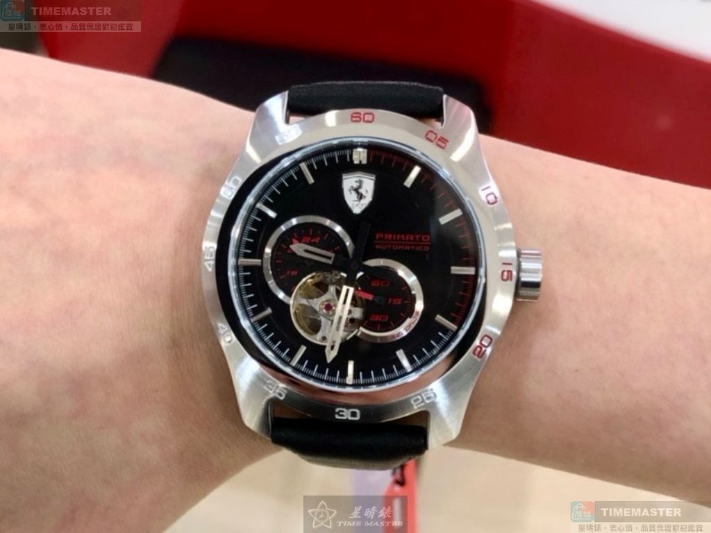 [星晴錶業]FERRARI手錶,44mm,FE00107黑色, 透視錶面銀錶殼深黑色真皮皮革錶帶款, , large