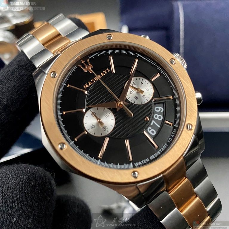 [星晴錶業]MASERATI手錶,46mm,R8873627004黑色錶面玫瑰金錶殼金銀相間精鋼錶帶款, , large
