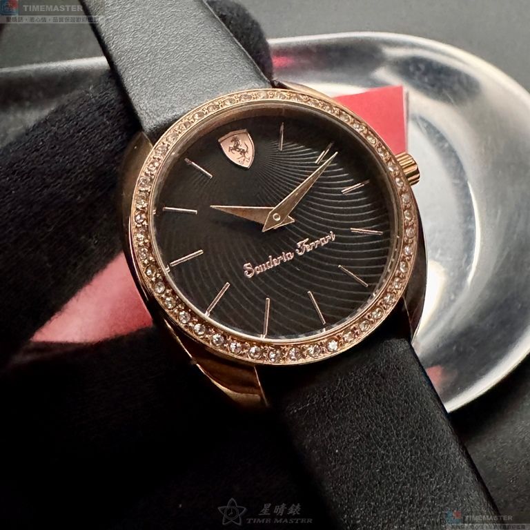 [星晴錶業]FERRARI手錶,34mm,FE00090黑色錶面玫瑰金錶殼深黑色真皮皮革錶帶款, , large