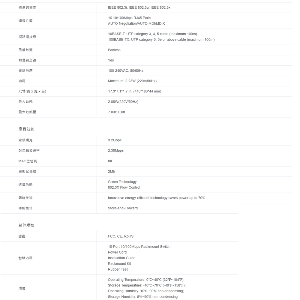 TP-LINK 昌運監視器 TL-SF1016 16埠機架裝載交換器 10/100Mbps, , large