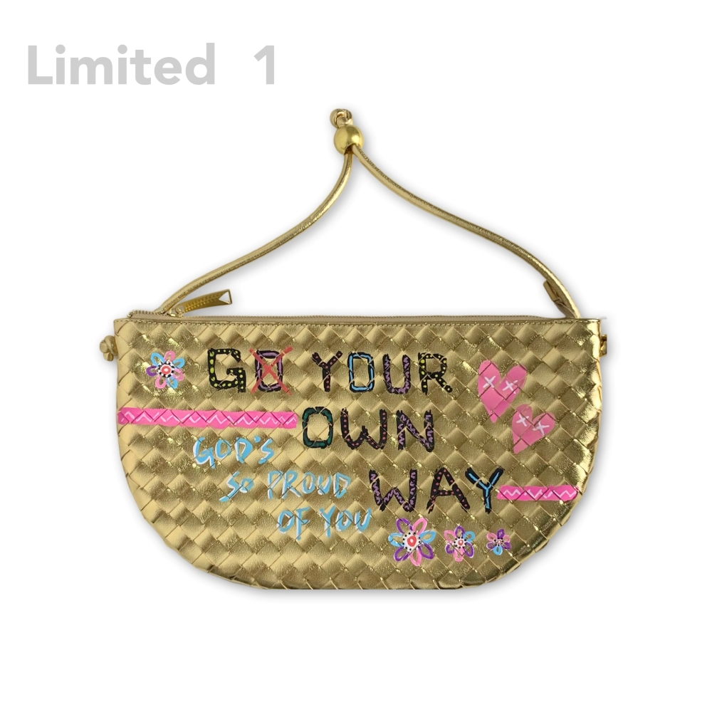 Metal ball painted woven half-moon bag bright gold (XL), , large