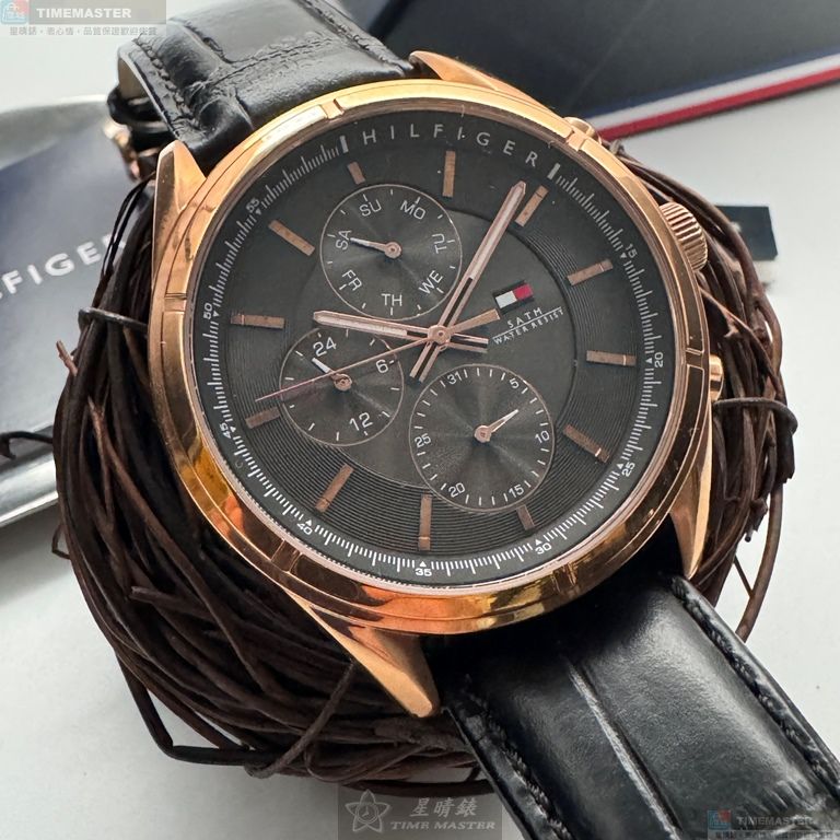 [星晴錶業]TommyHilfiger手錶,44mm,TH00067鐵灰色錶面玫瑰金錶殼深黑色真皮皮革錶帶款, , large
